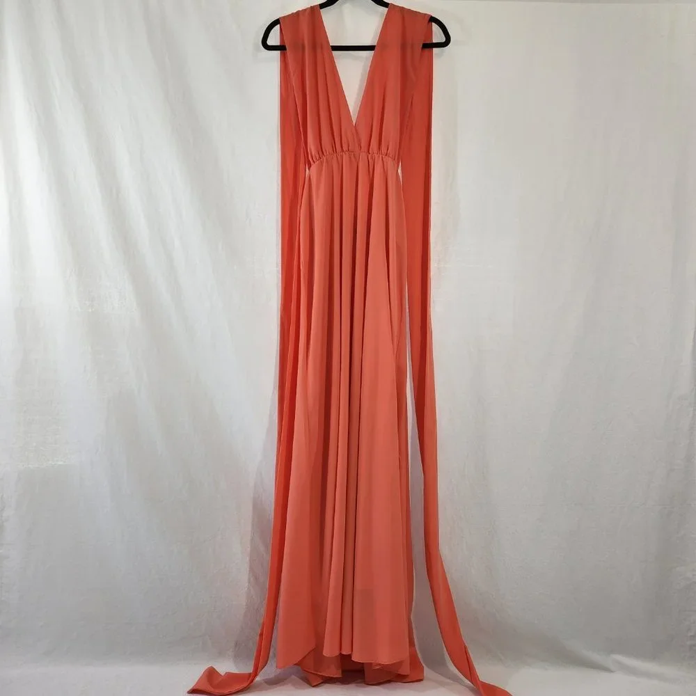 V-Neckline Long Prom Dress  by Studio F Size 8 Coral Color 85% Poly. Worn Once! - Picture 2 of 16